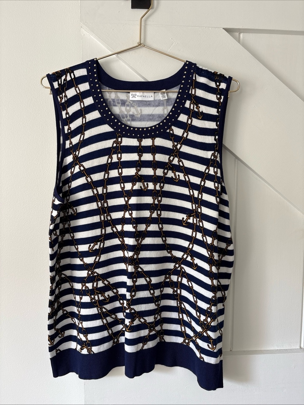 Rafaella Women's Sleeveless Knit Tank Top Size XL Beaded Nautical Blue White